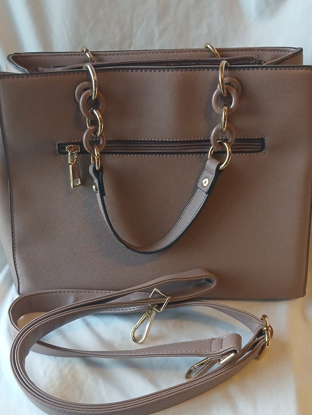 Source Unknown Taupe Shoulder Satchel with Gold Chain Accents